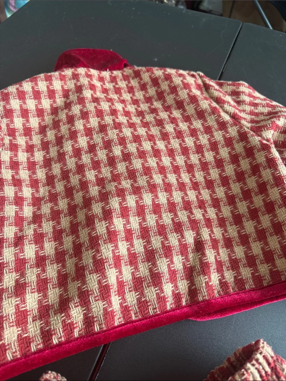 Red and Cream Houndstooth Velvet-Trim Skirt Set
